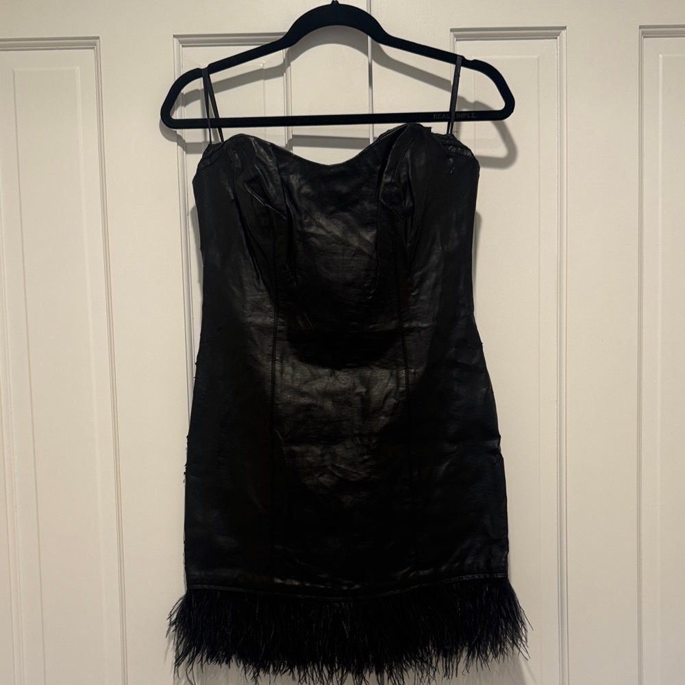 bebe Black Strapless Dress with Feather Detail